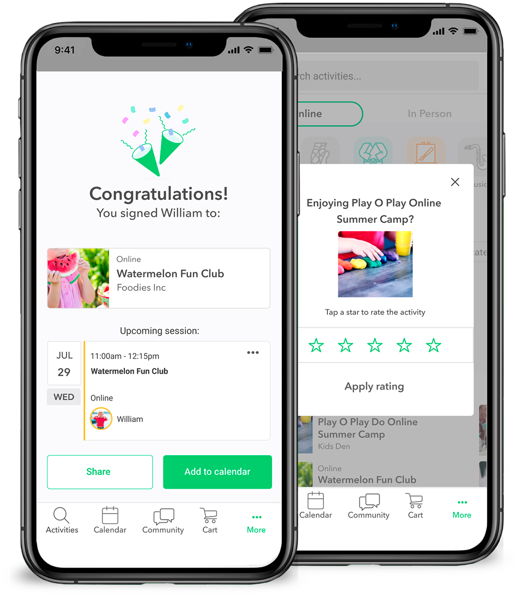 rooster app screenshots of kids actitivies
