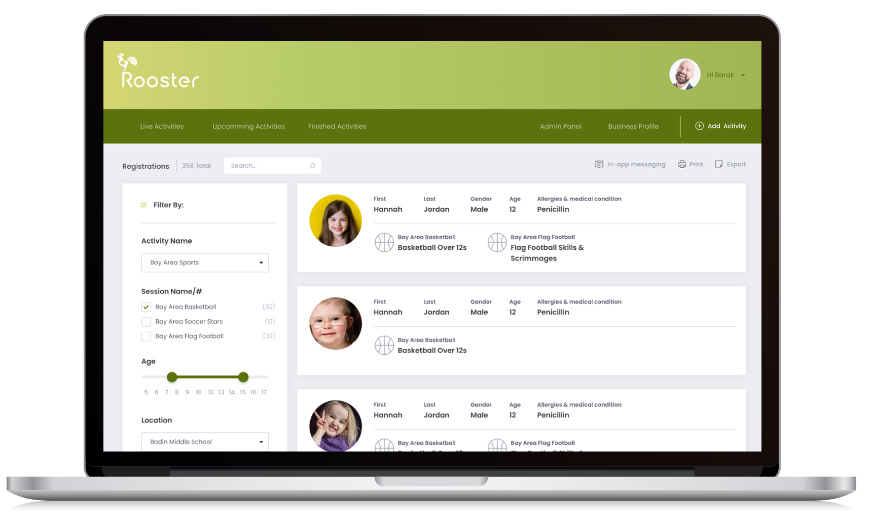 rooster app dashboard for business